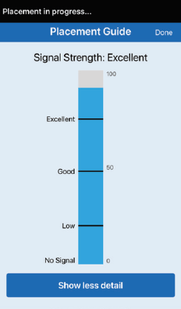Signal strength bar shows "Excellent" status at 100. Options include "Placement Guide," "Done," and "Show less detail."